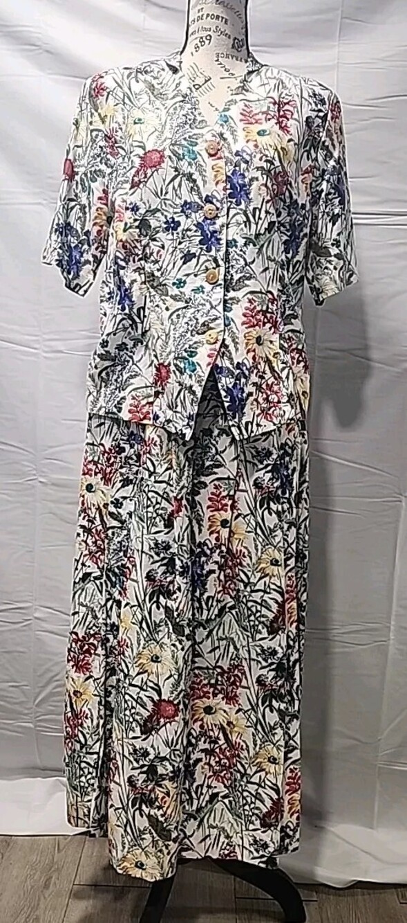 Vtg Geiger Collection 2 Piece Skirt Set Floral Print Sz 40 spring Shirt Dress
